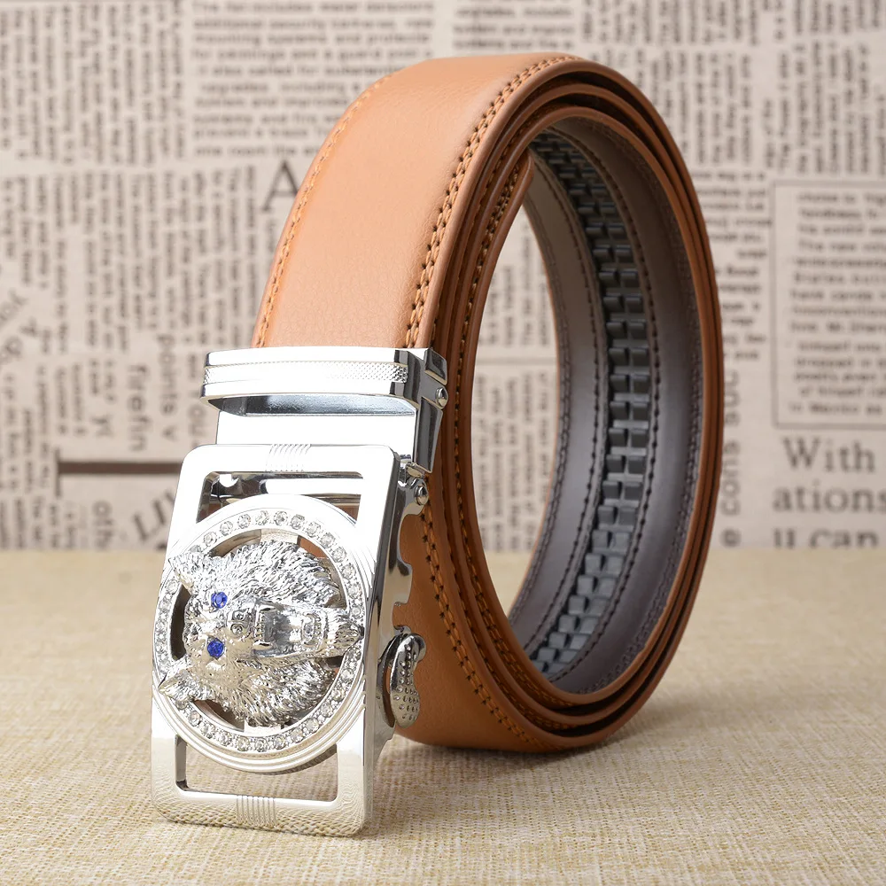 silver-brown Высокое качество, натуральная кожа, ремни для мужских джинсов, черный, коричневый, Волчья кожа, металлическая Волчья, автоматическая пряжка, дизайнерский ремень, поясной ремень - Цвет: silver-brown