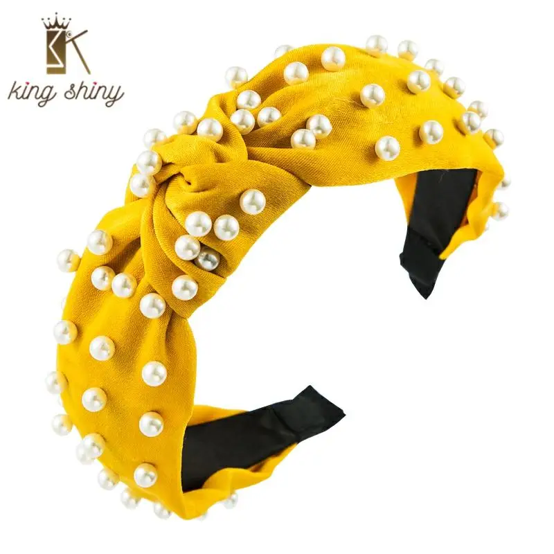

Elegant Simulated Peal Knot Headband for Woman Vintage Hand Made Wide Solid Silk Fabric Twist Hairband Girl Party Hair Accessory