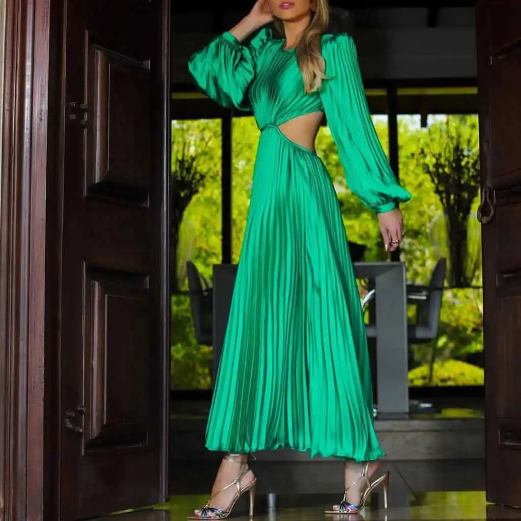 

2021 new hot selling sexy waistless pleated long sleeved dress women's dress long dress