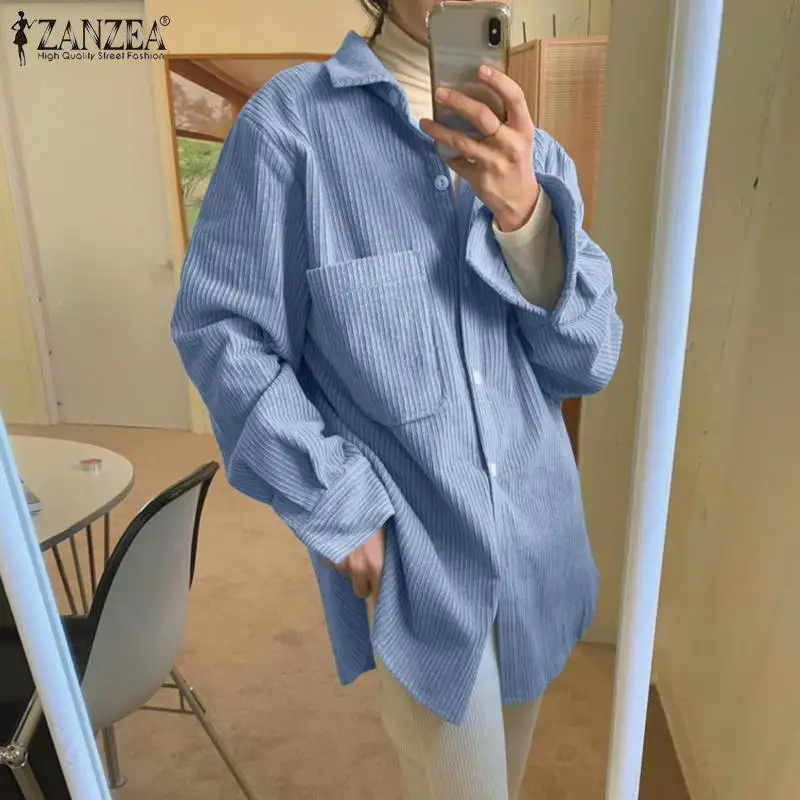

ZANZEA Femme Retro Button Shirt Blouse Oversized Women Fashion Autumn Blusa Casual Solid Clothing Tops Full Sleeve Baggy Chemise