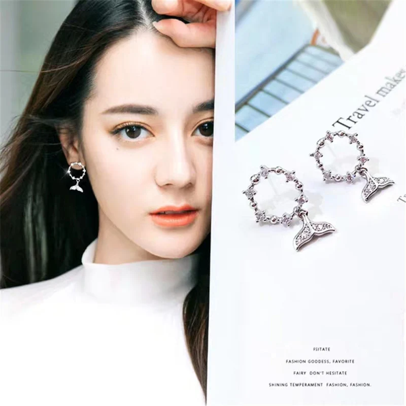 Новые серебряные серьги гвоздики с искусственным китовым хвостом и блестящими