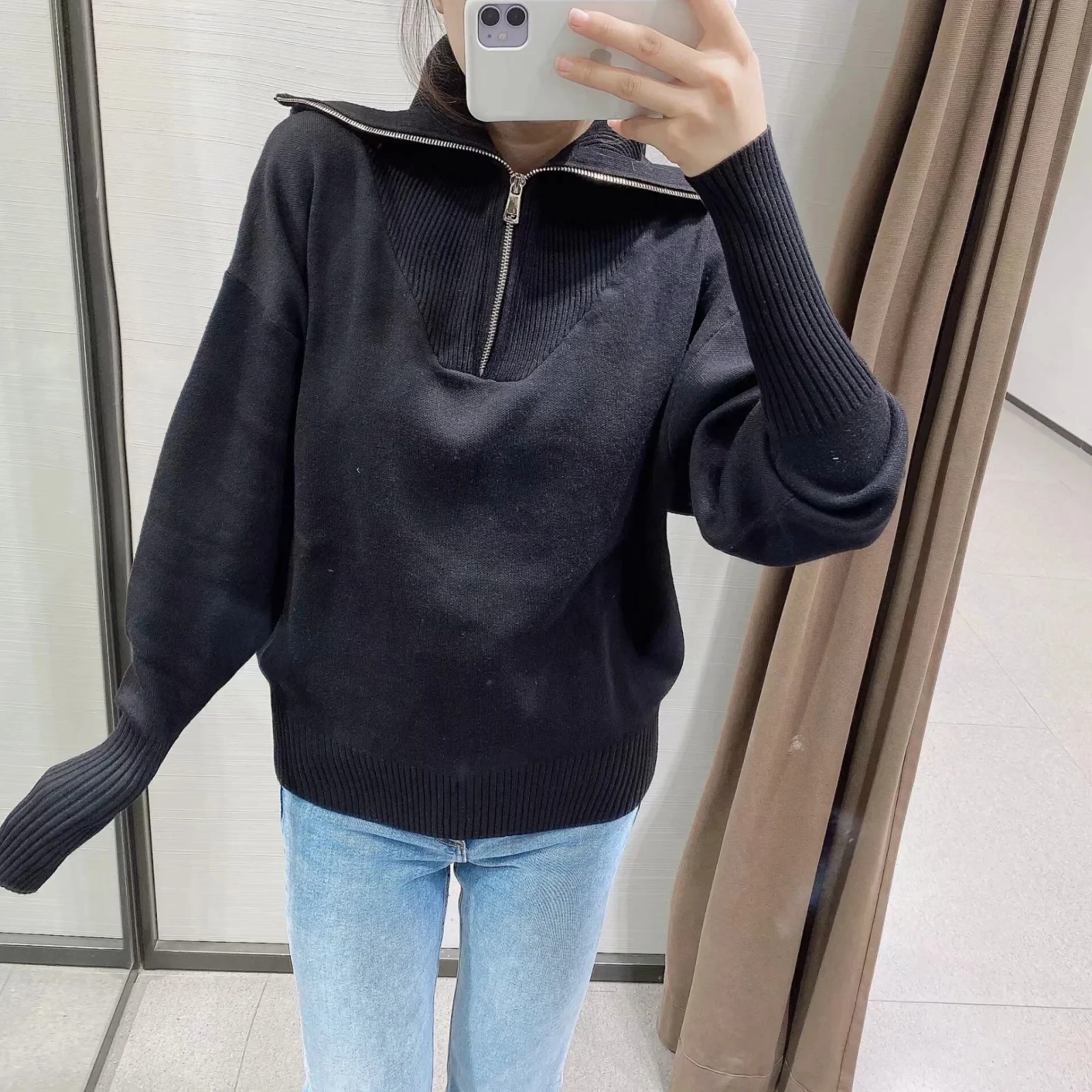 

Zipper Knitting Solid Sweatshirts Women 2021 Fashion Long Sleeve Loose Sweatshirts New Vintage Lapel Female Outerwear Chic Tops