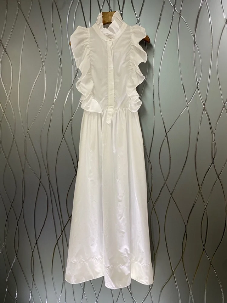 

2021 Summer Fashion Long Dress High Quality Women Ruffle Deco Sleeveless Casual Long Maxi Dress Ladies Sexy Long White Dress