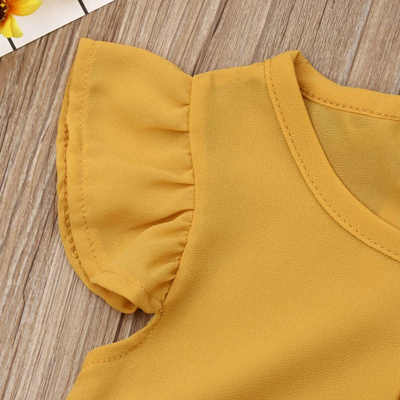 2019 Summer Clothing 1-5Y Toddler Kid Baby Girl Clothes Set Yellow Chiffon Ruffle Tops Floral Print Skirt 2pcs Outfits | Мать и ребенок