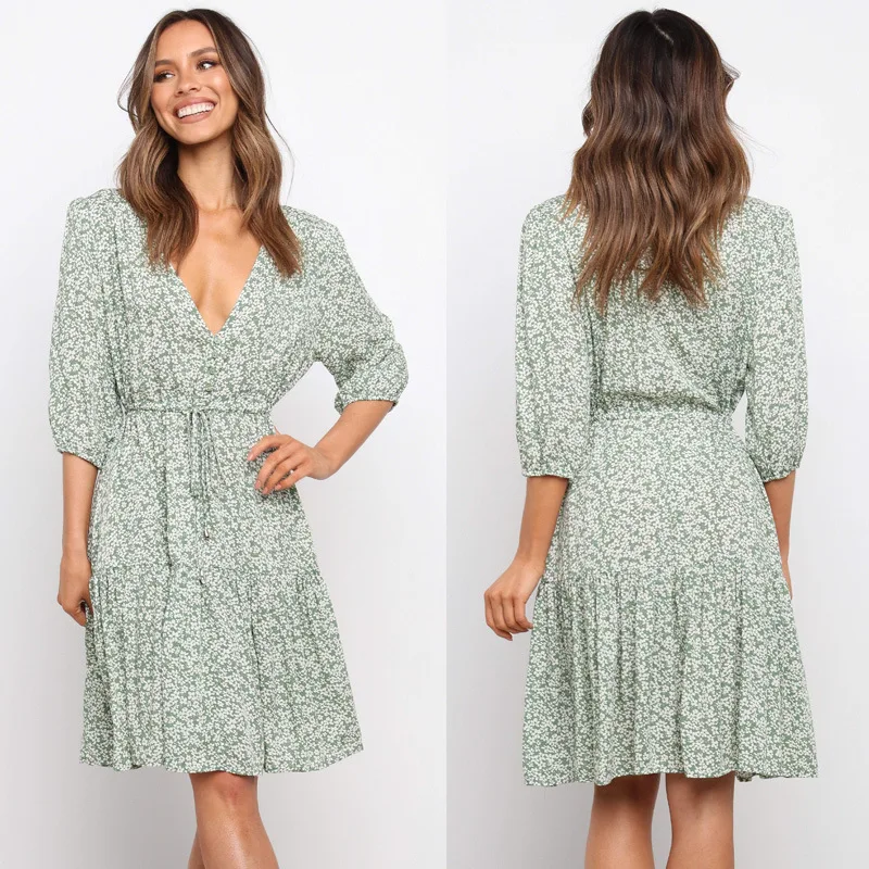 

Women Dress Summer Sexy Commuter Deep V Lace Half-sleeved Green Floral Ruffled Cotton Print Hedging Knee-length Dress