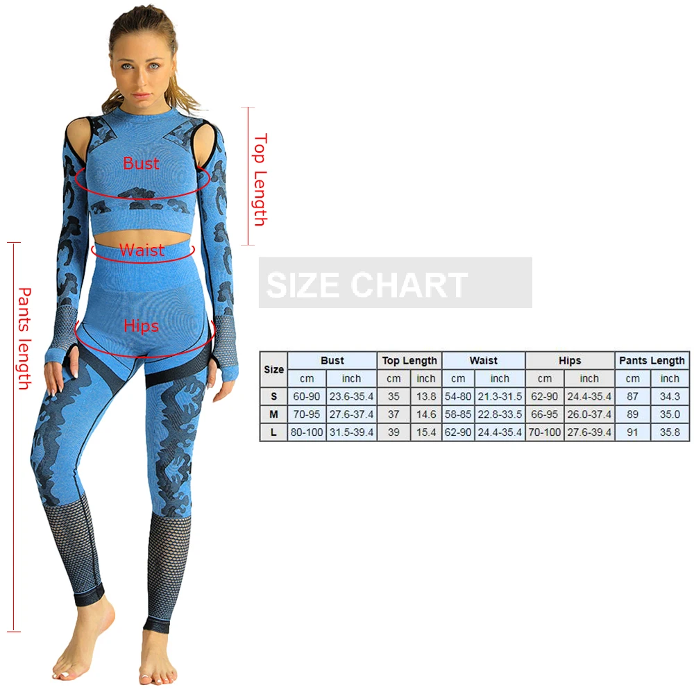 

2PCS Women Sports Crop Shirt Leggings Camouflage Print Thumb Hole Hollow Out Breathable Seamless Bodycon Fitness Tracksuit