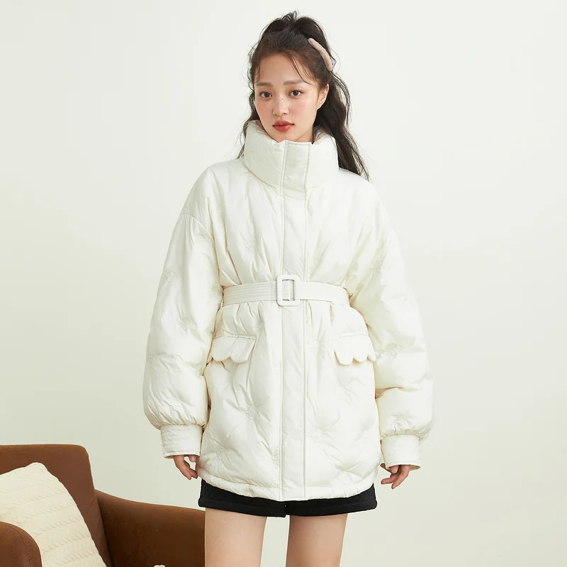 INMAN Women's Winter Jacket With Bandage Down Coat Minimalist Flowers Embroidery Design Kawaii Pocket Thermal Women's jacket