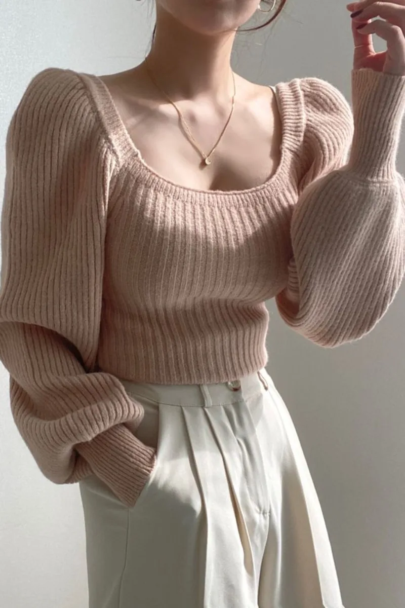 

2021 New Spring Women's Solid Color Square Collar Short Knitted Sweater Loose Lantern Bubble Sleeve Crop Top