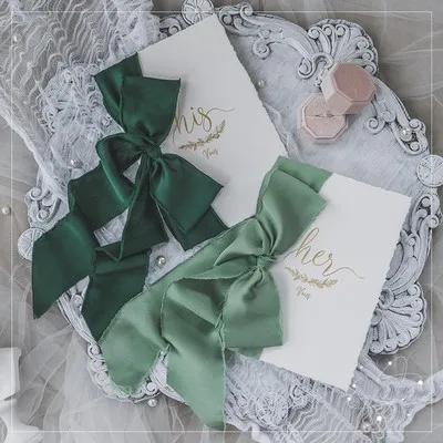 Green Set 2 шт романтическая свадебная открытка с шармезом, шифоновая лента "His Her wows", свадебные открытки, клятва, подарок для свадебного душа, Flatlays Prop - Цвет: Green Set