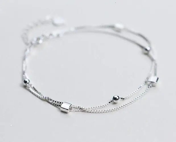 

925 REAL. Sterling Silver Double-rows Multi-Layers Lucky Beads &Square Geometric Chain Bracelet Slim GTLS319