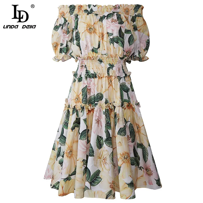 

LD LINDA DELLA 2021 Summer Fashion Mini Dress Women Sexy Slash neck Elastic waist Flower Print Casual Party Holiday Short Dress