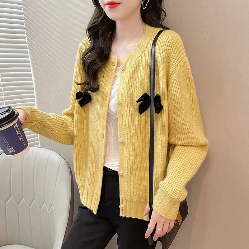 

Autumn Women's Yellow Knitted Cardigan, Korean Fashion Loose Ladies Black Sweater Top, Bow Single-breasted Long-sleeved Jacket