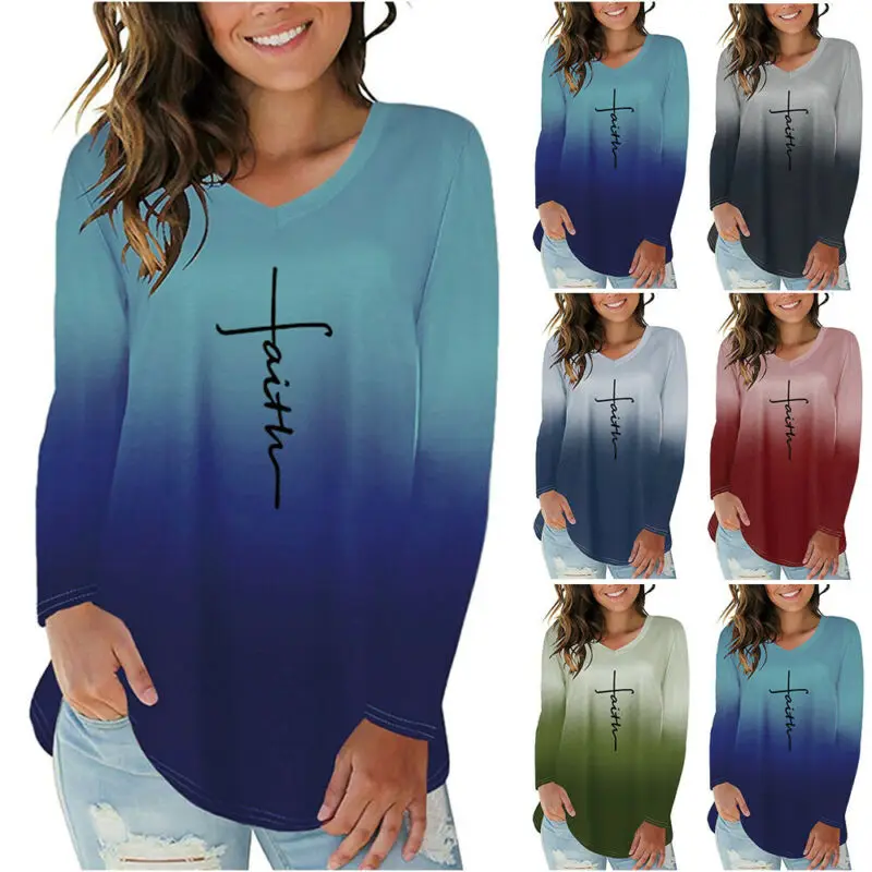 

Womens Ladies Long Sleeve V-Neck Gradient T-Shirt Casual Tunic Top Blouse UK