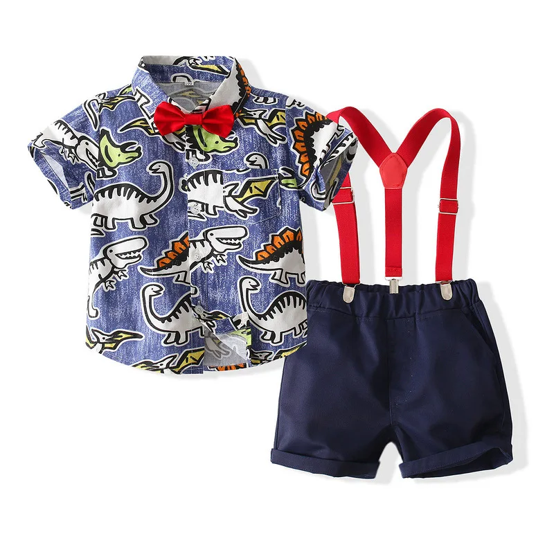 

New Kids Baby Boys Set Suits Summer Childrens Clothing Party Gentlemen Suits Tie Shirts+suspender Strap Shorts Clothes 2 Piece