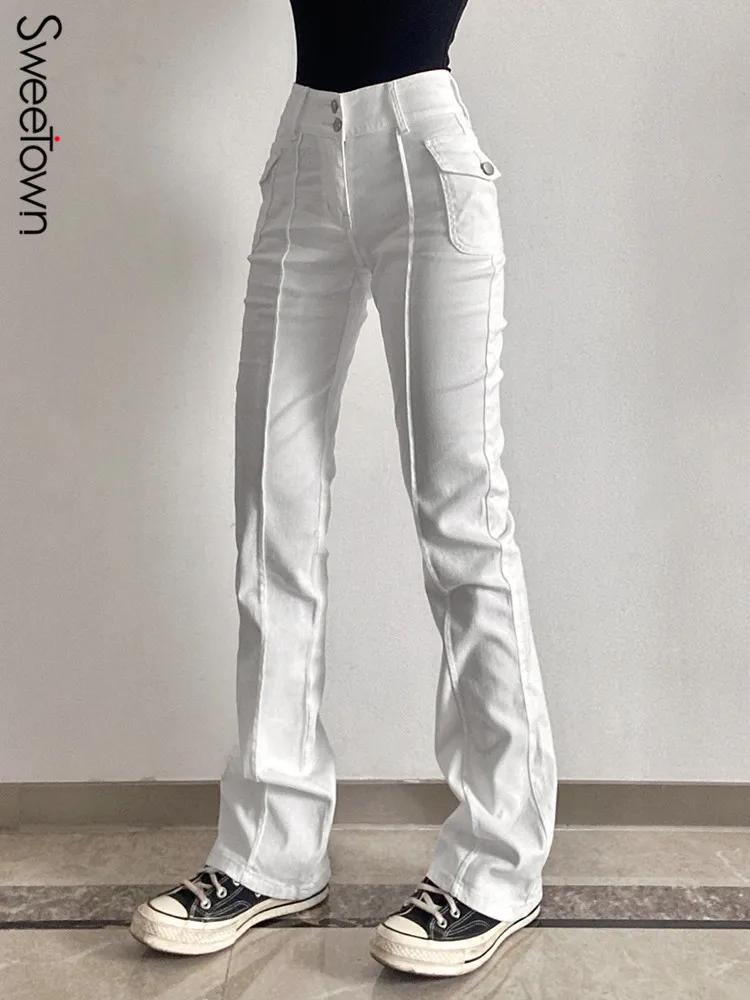

Sweetown Flare Jeans Women's Low Waist Trousers Vintage Aesthetic Denim Pants Streetwear Casual Korean Fashion Y2K Grunge Jogger