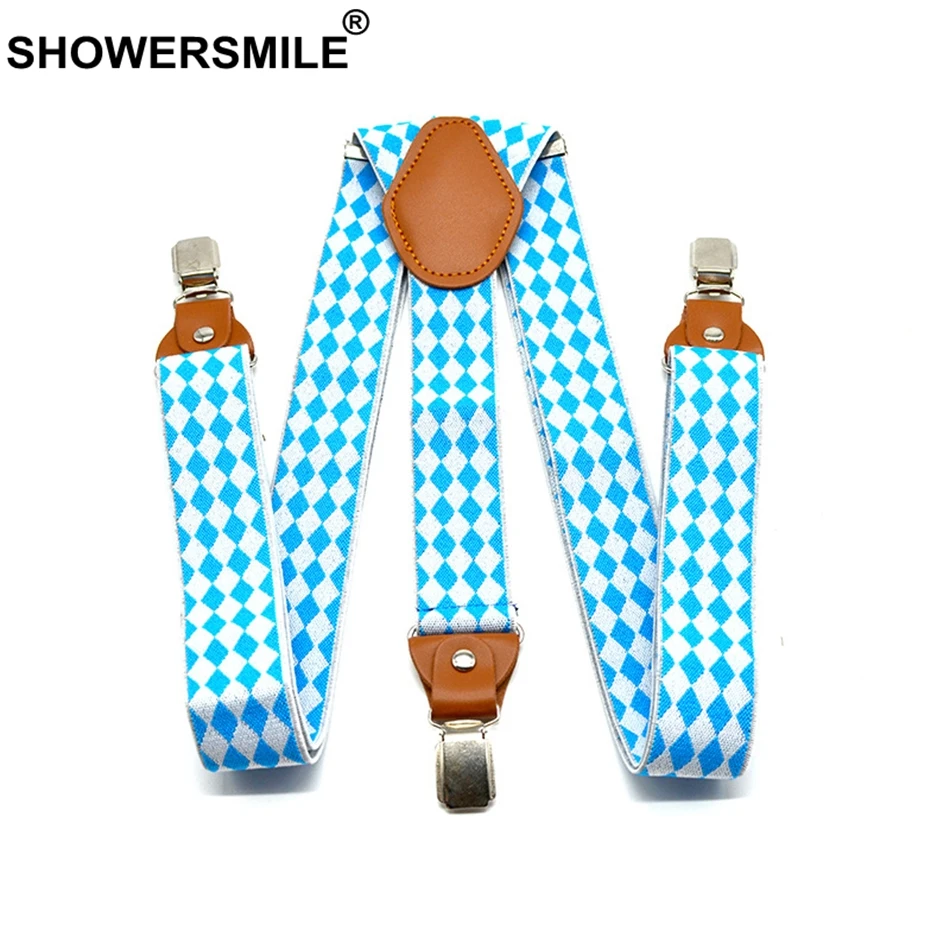Мужские и женские подтяжки SHOWERSMILE стильные синие белые с узором ромбиками для