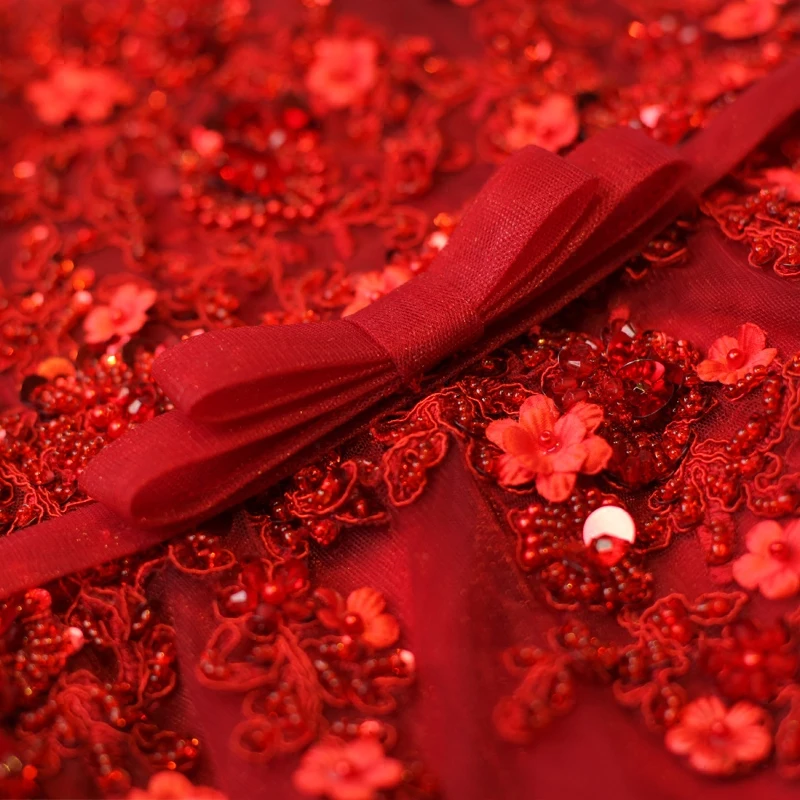 

Red Luxury Evening Dress Illusion O-Neck Lace Tulle Beading Bow Embroidery Sequined Appliques Elegant Women Formal Dresses TS190