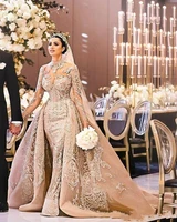 arabic dubai long sleeve wedding dress gorgeous high neck 2020 mermaid lace appliques detachable train bridal gown vestidos