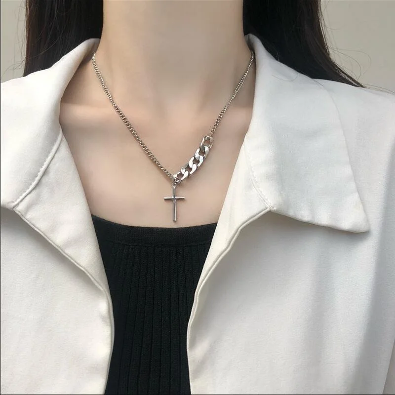 

Punk Cross Necklace for Women Stitching Stainless Steel Cubana Chain Hip Hop Jewelry Statement Necklace