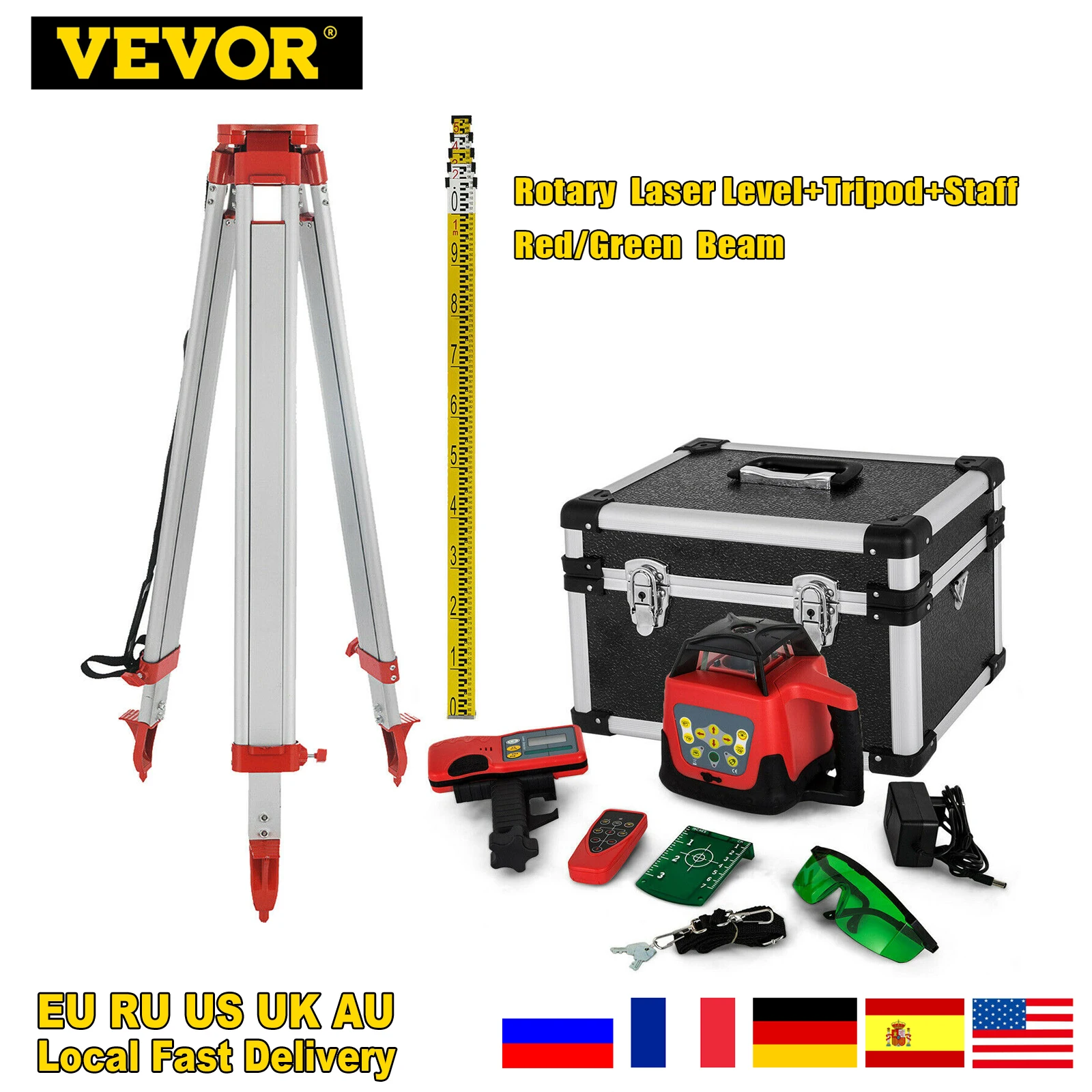 

VEVOR Rotary Laser Level Red/Green Beam 500M Self-Leveling Vertical Horizontal Cross Line Automatic Laser Level+ Tripod + Staff