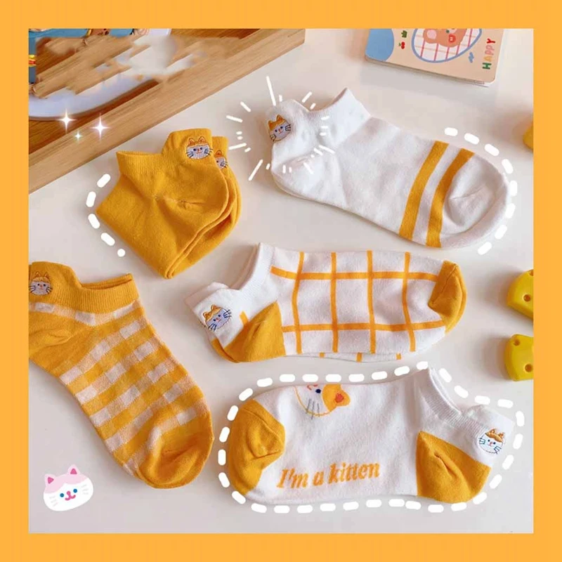 

Yellow Color Series Kawaii Socks Women 2022 Spring Summer Cotton Novelty Girls Cute Cat Embroidery Casual Funny Ankle Socks