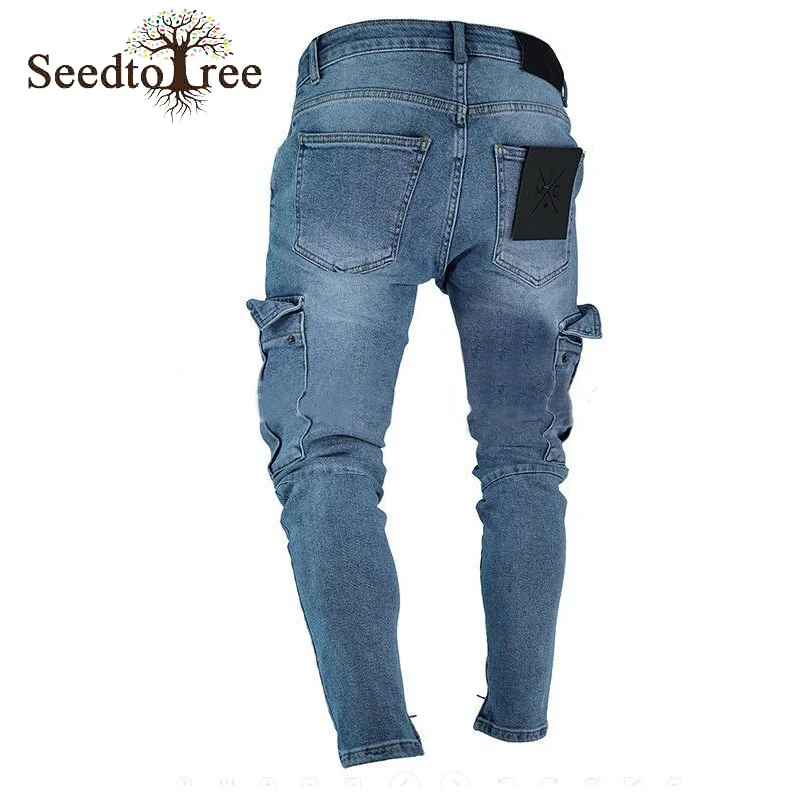 Men's Slim Stretch Jeans with Big Pockets and Ripped Zipper Denim Trousers Hole Pencil Pants