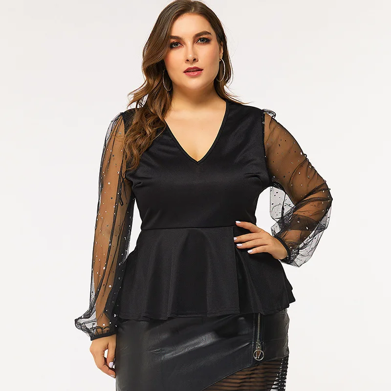 Женская блузка рубашка сексуальная v образный вырез пышная длинный рукав плюс