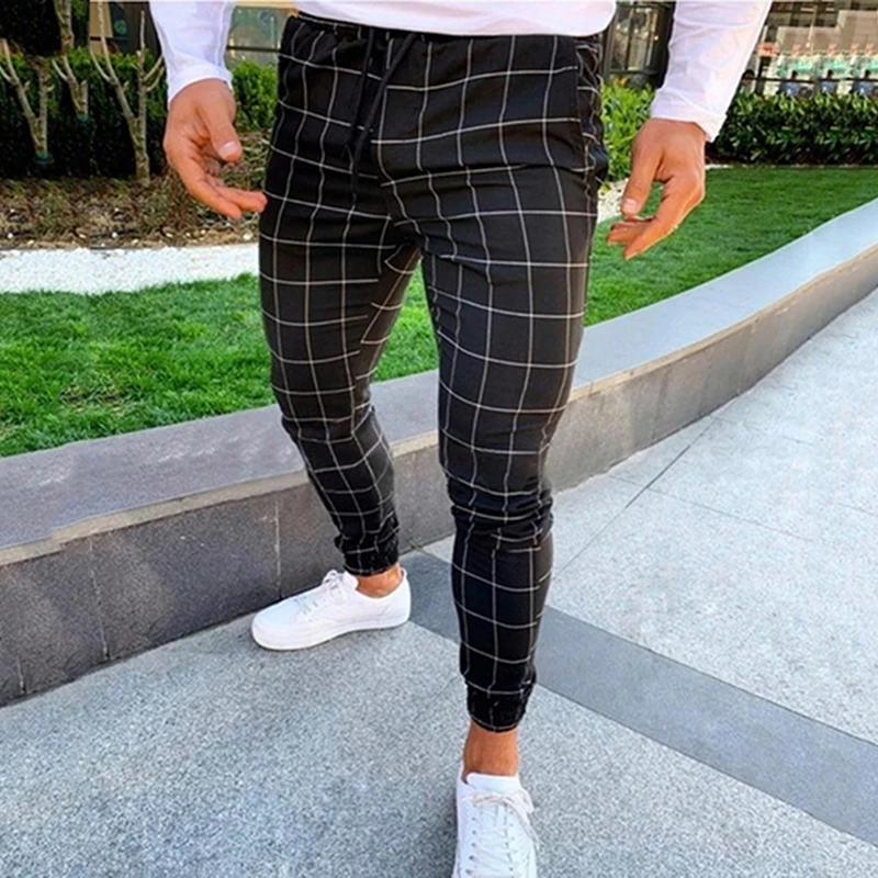 

2021 Spring Summer Casual Pants High WaiSt Fashion Pocket Men's Slim Fit Plaid Straight Leg Trousers Casual Pencil Jogger