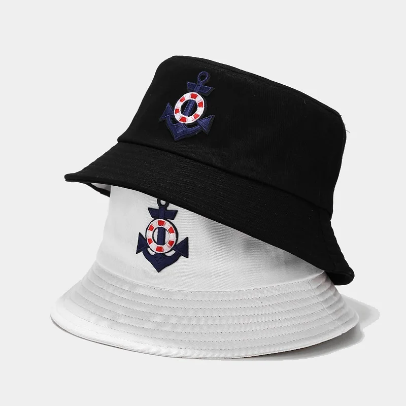 

New Bucket Hat Navy Sailboat Anchor Circle Fisherman Hat Wild Sun Protection Hat Leisure Women's Summer Unisex Panama Bob Cap