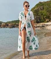 boho leaves leopard high waist beach dress saida de praia kimono pareos de playa mujer bikini cover up swimsuit cover up