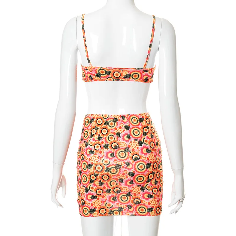 

Summer Floral Print Two Piece Beach Dress Set Women Sexy Crop Tops Drawstring Mini Skirts Suit Party Club 2021 Vacation Outfits
