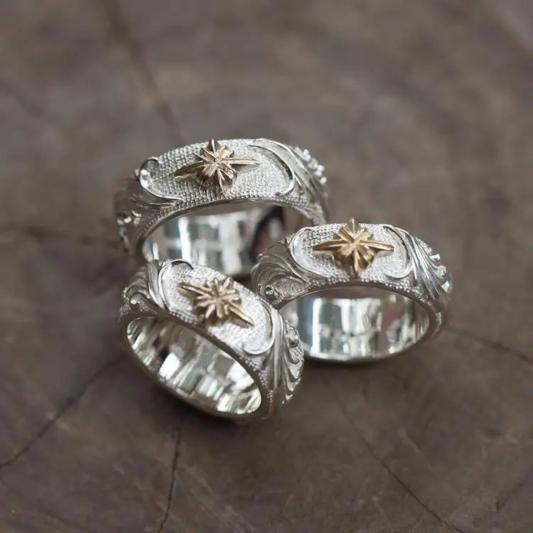 

Оригинальные выпуклые оригинальные мужские и женские кольца ручной работы в стиле ретро со звездами и огнем Liao, ювелирные изделия, серебро ...