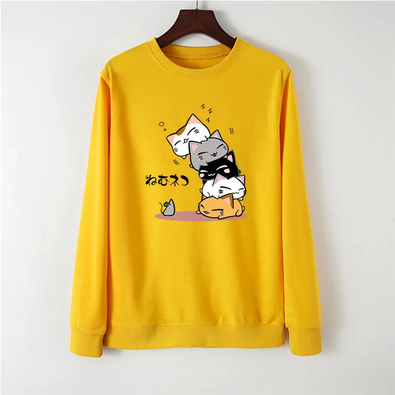 2021 осень принт с милой кошкой Женские С капюшоном длинными рукавами пуловер