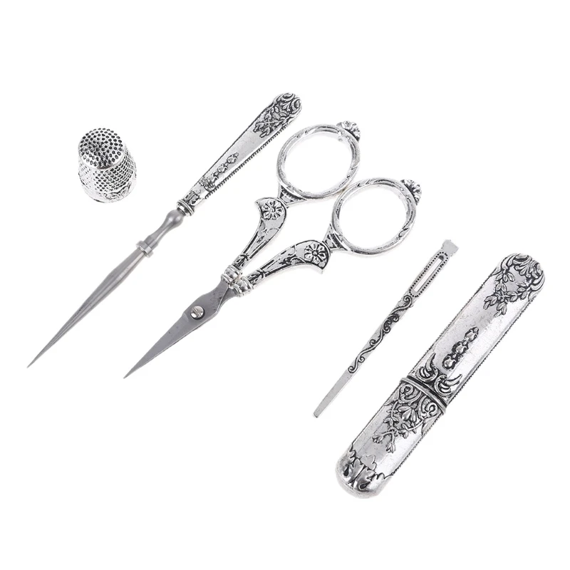 

900A Vintage Embroidery Scissors Kit Needle Case Sewing Thimble Awl Needlework Tools