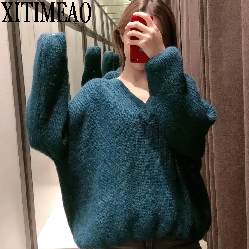 

Xitimeao Women's 2022 Fashion Soft Touch Knit Rib Elastic Sweater Vintage V-Neck Long Sleeve Women's Pullover Chic Top
