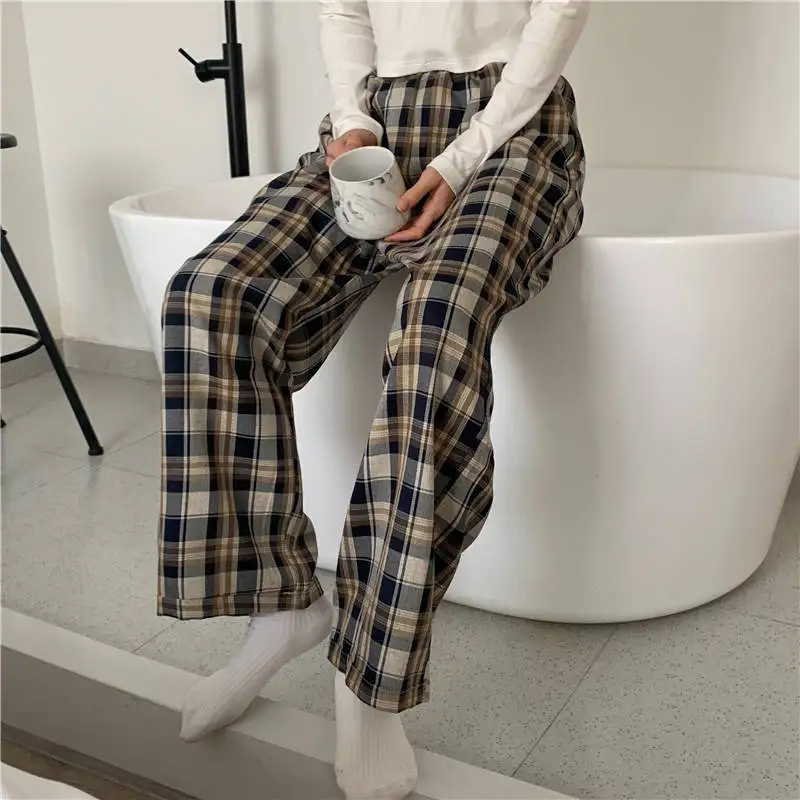 

Richkeda Store New 2021 Sleep Bottom Home Pants Women Homewear Plaid Ankle Length Pajamas Wide-Leg Comfortable Elastic
