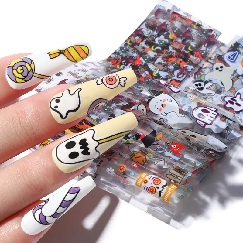 

10 PCS Foils Adhesive Paper for Nails Halloween New Year Design Nail Art Sticker Manicure Full Cover Tranfer Decals Wraps