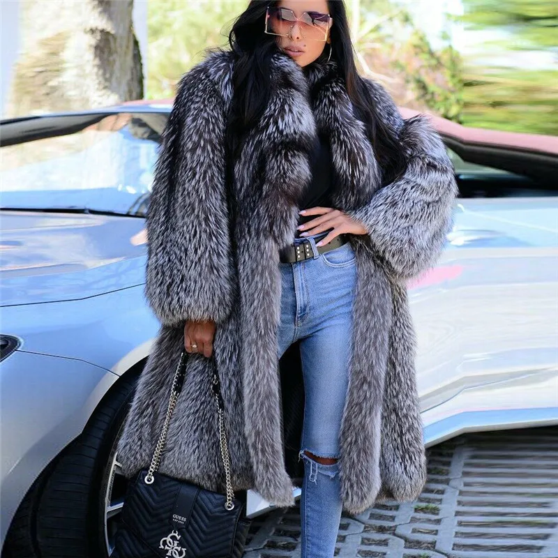 BFFUR Long Silver Fox Fur Coat Natural Women High Quality Whole Skin Genuine Silver Fox Fur Overcoats With Big Lapel Collar Coat