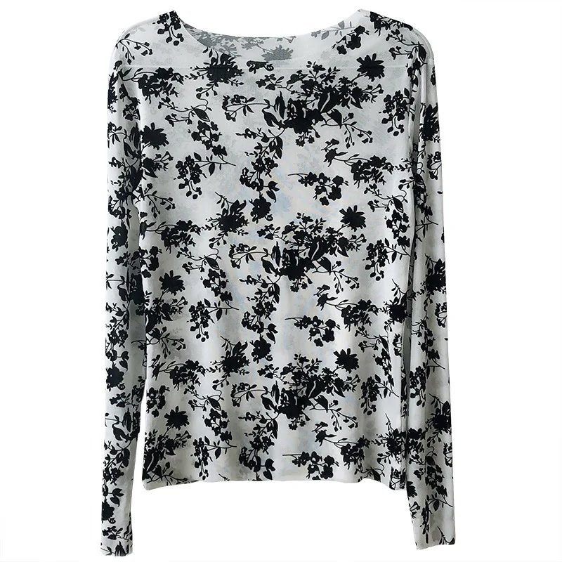 

2020 Spring Autumn New Slim fit leisure Lace Mesh Shirt Long Sleeve Crew neck Perspective T-shirt Korean Basic Floral T-Shirts