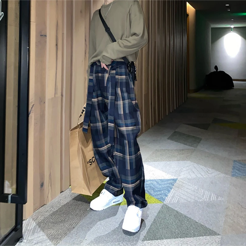 Клетчатые брюки HOUZHOU мужские клетчатые прямые Мешковатые повседневные модные в