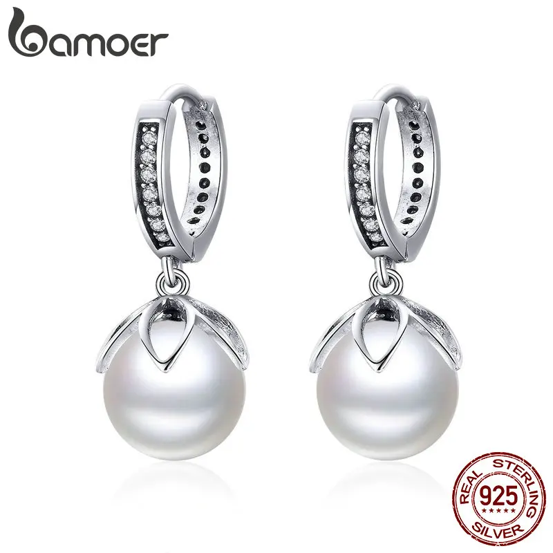 BAMOER, элегантные, 925 пробы, серебряные, светящиеся, нежные, любовь, цветок, Пресноводный Жемчуг, висячие серьги для женщин, Жемчужное ювелирное изделие SCE482