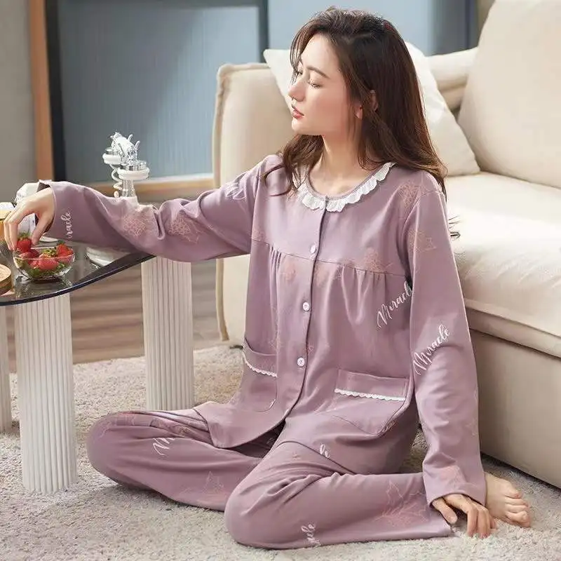 Two-Piece Set Women Home Clothes Spring Autumn Long-Sleeved Trousers Viscose Cotton Pyjamas Suits Women Sleepwear Homewear