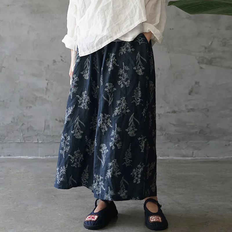 Johnature/летние широкие брюки в стиле ретро с цветочным принтом и эластичной