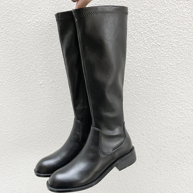

Brand Designer Faux Leather Women Knee High Boots western cowboy Wedge Pointed toe Boots Woman Long Chunky High Heel Botas Mujer