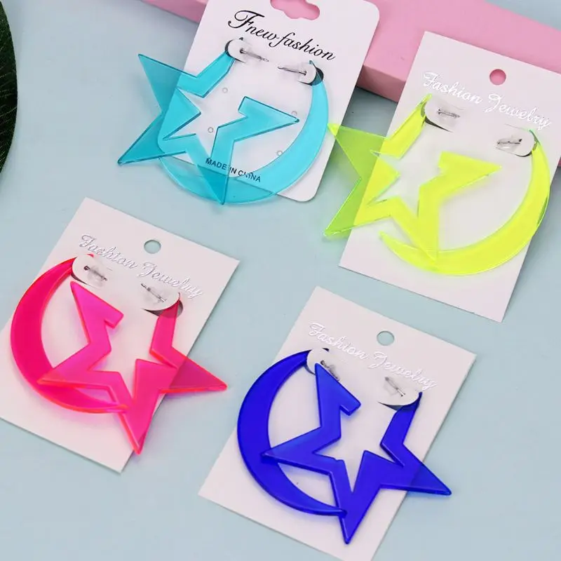 Акриловые сверкающие забавные серьги гвоздики с большой Луной и звездой для