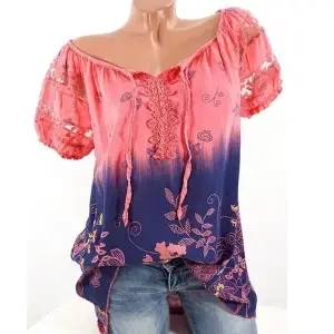 

Summer Top V-neck Print Lace Short Sleeve T-Shirt