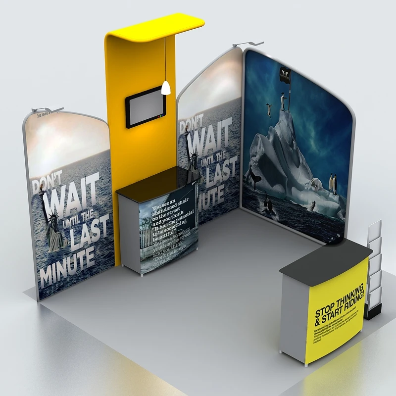 

10ft Portable Tension Fabric Trade Show Display Booth Backdrop Wall Pop Up Stand with TV Bracket Counter Spotlights
