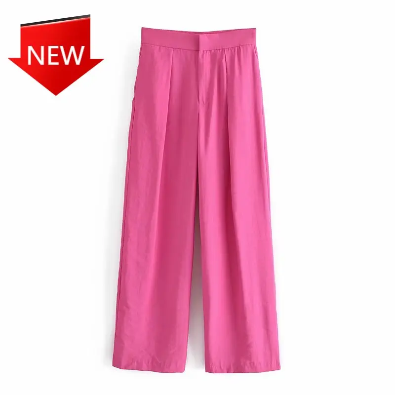 

High Waisted Pants Women Fashion Office Chic Secret Button Zip Elegant Casual Woman Pant Za Spring Rose Red Color Trouser Suits