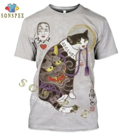 

SONSPEE 3D Print Japanese Samurai Cat Tattoo Men's T-shirt Cool Classic Art Tshirt Women Summer Casual O-neck Shirt Fitness Tops