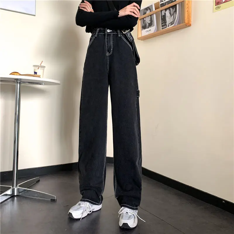 

Women Pants Autumn Solid Color Jeans 2021 New Fashion Harajuku Trousers Street Apparel Wide-leg Mom Washed Mopping Pants Y2k